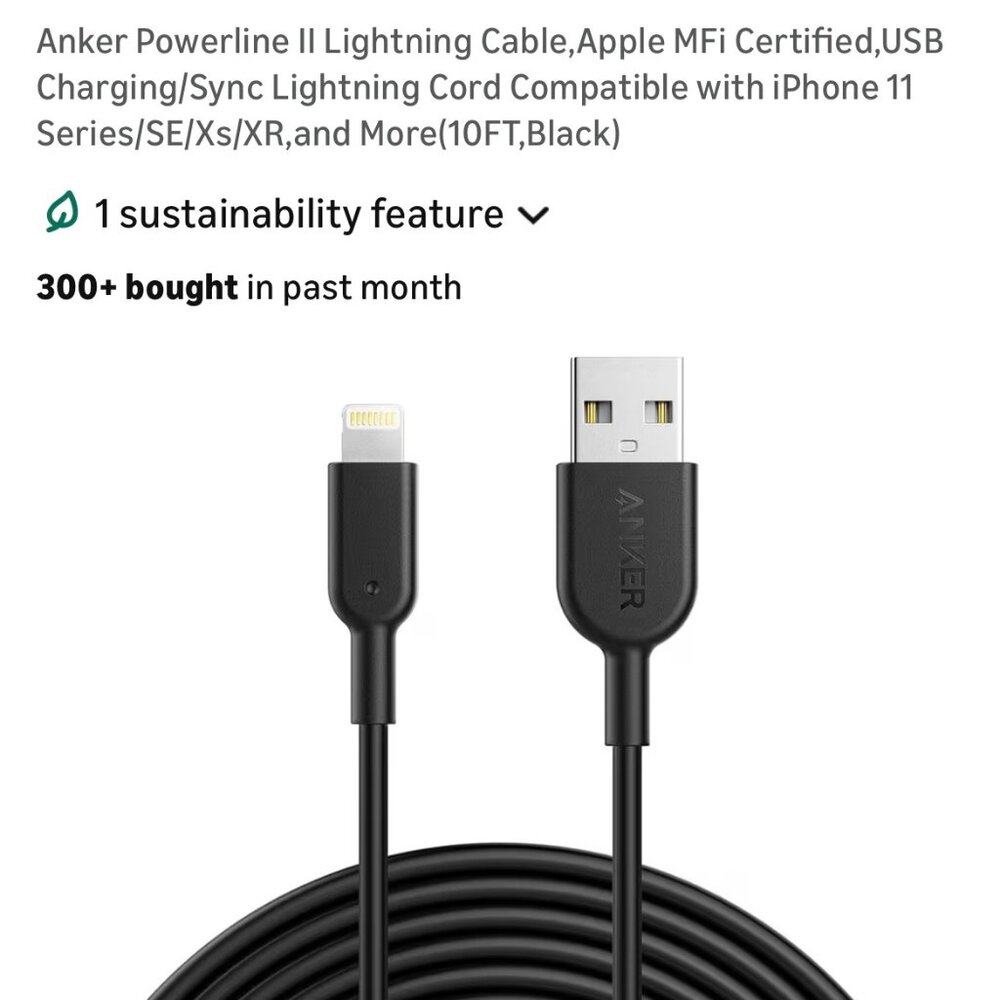 Anker Powerline II Lightning Cable USB Charging 10 ft